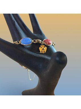 Masonic 32 Degree Scottish Rite Scarab Bracelet Gold Colored Carved Glass Stones